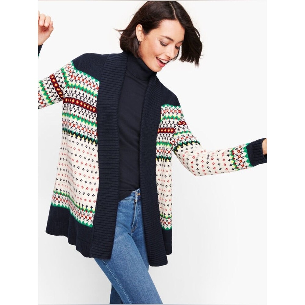 Talbots Small P Women’s Open-Front Fair Isle Cardigan Sweater - Navy & Multi
